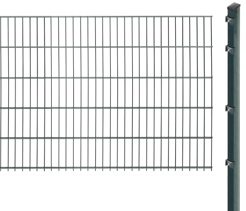 Doppelstabmattenzaun inkl. Pfosten zum Einbetonieren (Höhe: 103 cm, Länge: 2 m) | Doppelstabmatten in Anthrazit | UV- und witterungsbeständig