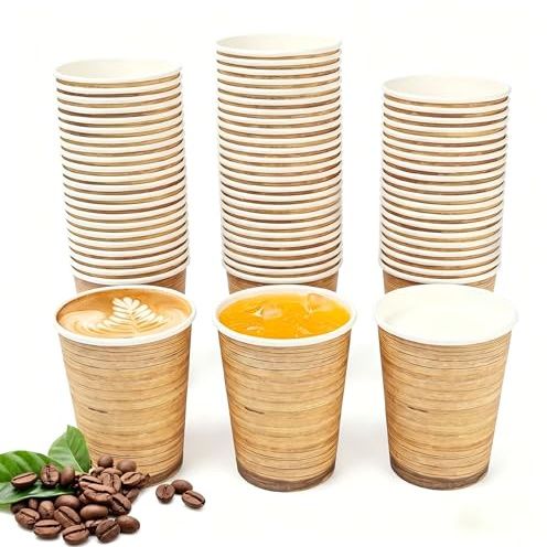 WEFHEF 100 Pcs Gobelet Carton avec Motif Bois, Tasse Café Papier 250 ml sans BPA, Verre Carton Fête Empilable, Gobelet Papier Anniversaire à Emporter Marron, pour Boissons Mariages Soirées Baptême