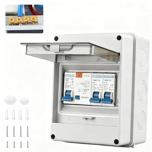 Garage Consumer Unit 2 Way, IP65 Fuse Box with 40A 30mA RCD Circuit Breaker/2x Miniature Circuit Breakers (6A+16A)/Units for Garage,Workshop,Shed Consumer Unit,Durable Fuse Board & Power Distribution