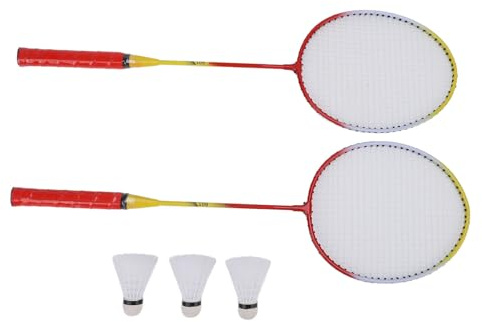 SUNGOOYUE Badminton-Set für 2 Spieler, Rahmen aus Eisenlegierung, Aerodynamische Form, Bequemer Griff und Präzises Netzweben, Tragbares Spiel mit Tragetasche und 3 Nylon-Federbällen für (Rot)