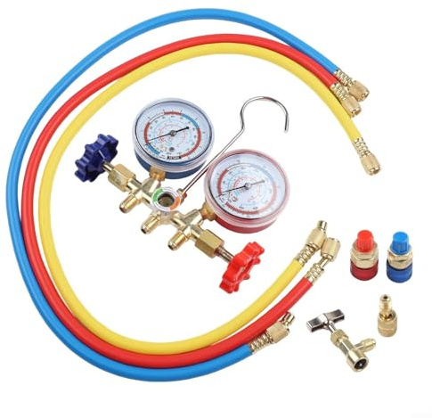 Eawfgtuw Set di manometri collettore con 3 tubi flessibili in ottone a due vie per R410A R32 R404A R134A test di ricarica evacuazione in auto commerciali e climatizzatori domestici (A)