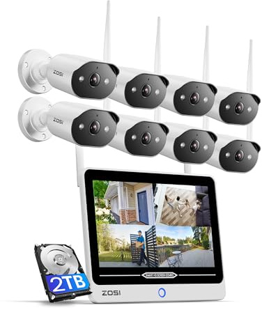 ZOSI 2K Kit Cámaras de Vigilancia WiFi-6 8CH 8MP Grabador NVR y 12'' Monitor 2TB HDD con 3MP Cámara Seguridad Exterior/Interior Inalámbrica, Visión Nocturna Color, Detección de Persona, Audio | Detección IA Personas Alerta Instantánea Acceso Remoto Visión Nocturna Color 24m Grabación 24/7 sin Suscripción