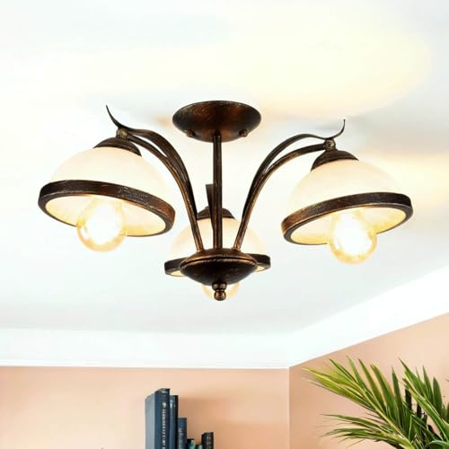 Licht-Erlebnisse Deckenleuchte Glas Metall in Messing Antik Weiß Wohnzimmer Esstisch B:45 cm E27 max. 60 Watt blendarm wohnliche Landhaus Deckenlampe KORFU