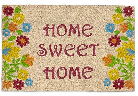 Relaxdays Fußmatte Kokos Spruch HOME SWEET HOME 40 x 60 bunte Kokosmatte mit rutschfester PVC Unterlage Fußabtreter aus Kokosfaser als Schmutzfangmatte und Sauberlaufmatte Blumen Türvorleger, braun
