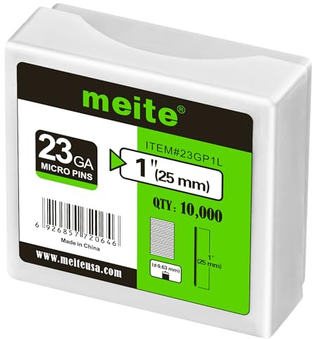 meite Clavos Pin 23GA Sin Cabeza 25 mm, 10.000 Unidades, Clavos Galvanizados Calibre 23 de 0,6 mm, Clavos para Pistola de Pines, Carpintería, Molduras y Marcos
