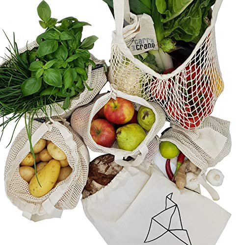 CarryTheCrane Wiederverwendbare Obst- und Gemüsebeutel aus Bio Baumwolle (GOTS) – Hochwertige Einkaufsnetze im 6-er Set inkl. Brotbeutel und Shopper