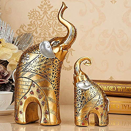NanXi 2-teilig Elefant Figur Deko Skulptur Statue Glück Deko Dekofiguren Wohnzimmer Dekoration Geschenk Kunstharz Höhe 30/17 cm Gold Silber