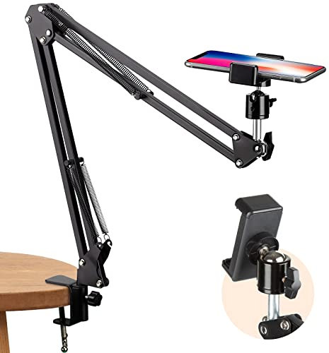 TARION Overhead Tripod Mount Articulating Arm Phone Holder Video Webcam Stand Lazy Arm Clamp Table Desktop Suspension Stand (Black)