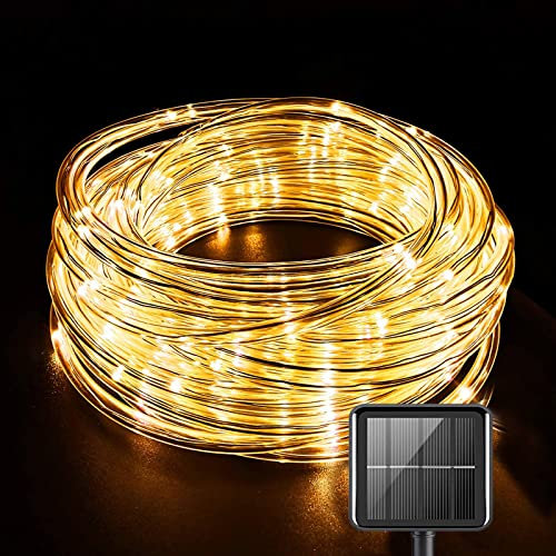 Ovker Manguera de luz solar luz cadena,10m 100led Guirnaldas Luces Exterior Solar,Impermeable Luces Led Solares Exteriores Jardin para bodas,fiestas y Navidad,Patio,Dormitorio Jardines(Blanco cálido)