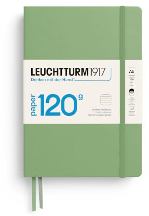 LEUCHTTURM1917 363538 Notizbuch 120g/m² Paper Edition, Hardcover, Medium (A5), Salbei, liniert | 203 nummerierte Seiten, Fadenheftung, 2 Lesebändchen, Falttasche, säurefreies Papier, Inhaltsverz.