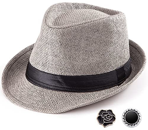 LADYBRO Sommer Stroh Trilby Hut ‌für Herren 1920er Kurze Krempe Fedora Hut, 58cm, Grau