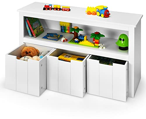 COSTWAY Coffre de Rangement Enfant pour Jouet avec 3 Tiroirs et Grand Compartiment, Meuble de Rangement Commode pour Livre/Bloc/Jouet, Idéal pour Chambre d'enfant, Blanc, 101 x 33 x 62CM