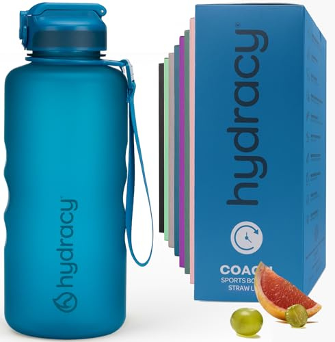 Hydracy Water Bottle with Times to Drink & Straw -Large 2 Litre BPA Free Motivational Water Bottle & No Sweat Sleeve -Leak Proof Gym Bottle with Time Marker -Ideal for Sports & Outdoors