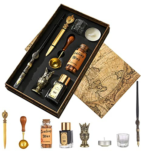 JasCherry Set di Penna a Immersione e Inchiostro, Penna Piuma Inchiostro Vintage con set Sigillo di Cera, Penne per Calligrafia per gli amanti della scrittura a mano compleanno Natale San Valentino