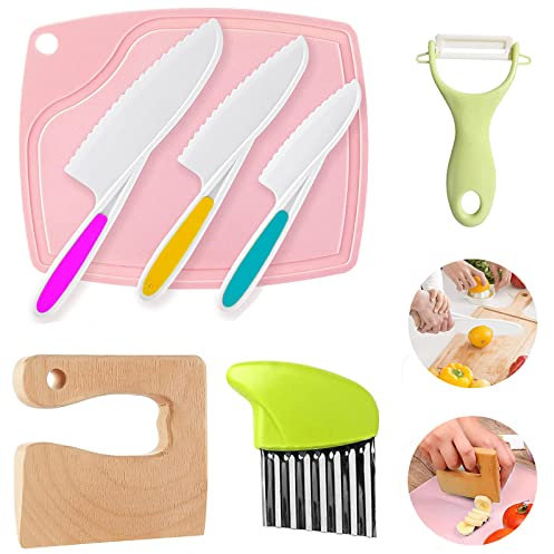 PANMAY Kindermesser 7 Stück Küchenmesser-Set, Inklusive Schneidebrett, Crinkle-Cutter, Kunststoff-Kleinkindmesser, Holz, Schäler, Für Kochen mit Kindern