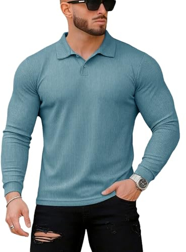 Muscle Cmdr Herr Pikétröja Slim Fit Muscle Pikétröja Långärmad Stretch Quick Dry Tee Casual Golf Athletic T-Shirt, Z-lugo/blå, XXL