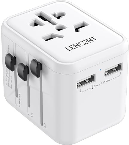 LENCENT Adattatore Spina Universale da Viaggio, Presa Internazionale con 2 Porte USB, Mini & Compatto, Caricatore Presa USB da Viaggio per Europa/Stati Uniti/Regno Unito/AUS, per 200+ Paesi -Bianco