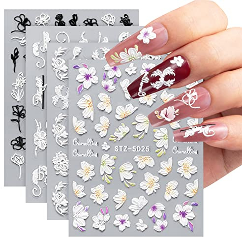 Becellen 4 Blatt Nagelsticker, 5D Blumen Nagel Stickers Selbstklebend Nagelaufkleber Weiß Schwarz Bunt Nailart Sticker für Nail Art DIY Nageldesign Dekoration