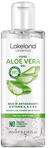 Lakeland Cosmetics Aloe Vera Gel 250ml contains 100% pure natural bio active aloe gel moisturiser, soothes cuts, irritated skin, burns & sunburn relief for face & body great aftersun lotion cream