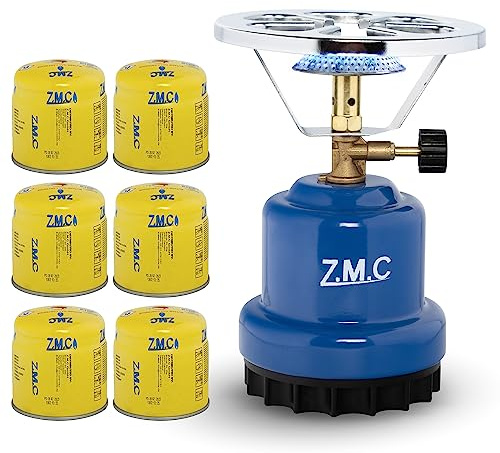 Z.M.C Campingkocher Gaskocher 1,1 kW + 6x Gaskartuschen 190g ultraleicht | stufenlose Flammenregelung | nur ca. 80 g/h Verbrauch | 13x19 cm passt in Rucksack | Butan