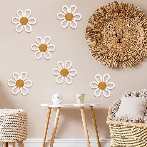 Zeyune 6 Pcs Boho Nursery Decor Daisy Flower Wall Art Woven Macrame Wall Hanging Boho Daisy Floral Nursery Decor for Home Bedroom(White,Yarn and Cotton Rope)