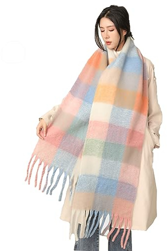 Wambere Damen Schal, Kariert übergroßer Winter SchaltuchKaro Schultertuch Plaid Deckenschal Modeschal Weich Warm Strickschal Oversized Herbstschal Warme Winter Stola mehrfarbig,Regenbogengitter A