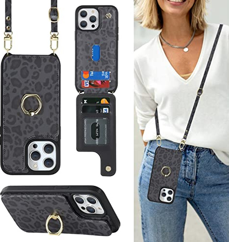 CAVOR HandyHülle kompatibel mit iPhone 13 Pro Max/12 Pro Max Hülle Mit Band,Flip Leder Geldbörse Karten Hülle,[4 Kartenfach][Mit Ring Ständer],Klapphülle Handytasche - Schwarz Leopard
