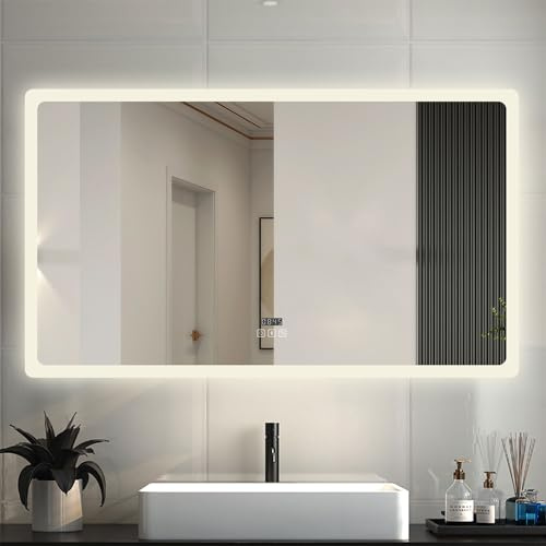 OCEAN ITALY Specchio Da Bagno LED Rettangolare 100×60cm,Controllo Touch/Parete,Luce Esterna 3 Temperature Colore, Dimmerabile e Antiappannamento,Orologio Digitale,Lente D'ingrandimento