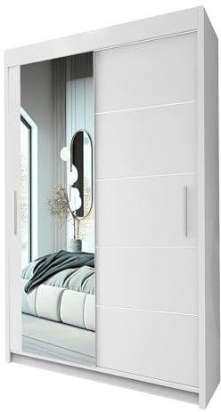 INTERIOR EMPORIUM's ONYX Mirror Sliding Door Wardrobe 120cm/150cm/180cm/203cm/250cm, You Can Get This to Create a Chic Retreat in Your Bedroom. (WHITE, 120CM)