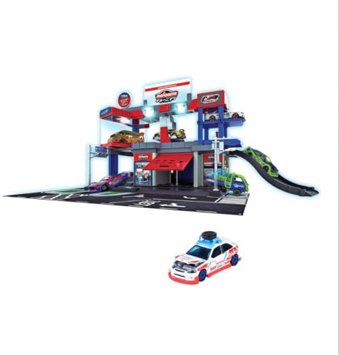 Majorette - Japan Series Tuning-Parkhaus für Kinder ab 5 Jahre (45,5x35,5 cm) - 2-stöckige Parkgarage mit Aufzug, Rampe, Licht und Sound - inklusiv Tuning-Auto Honda Civic Type R EK9