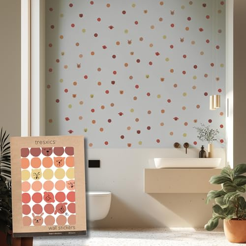 Pegatinas Pared Decorativas Infantiles Caras Animales | 4 Láminas, 140 Topos Adhesivos | Vinilo Adhesivo Pared | Efecto Papel Pintado | Cubre 6 m² | TRESXICS (Naranja)