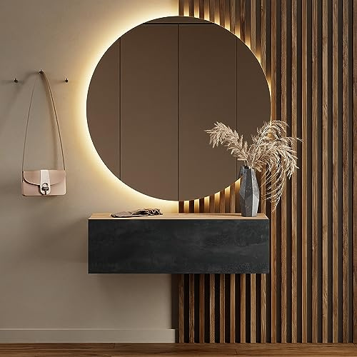 Planetmöbel Flurgarderobe 1x 100 cm | Spiegel rund mit Beleuchtung 100 cm, Gold Eiche - Schwarz Charcoal, Flur Möbel mit Spiegel, 37,8T x 100B x 32,5H cm