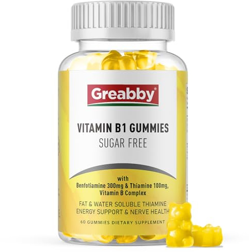 GREABBY Vitamin B1 Gummies - Benfotiamine 300mg & Thiamine 100mg, Sugar Free, Vitamin B Complex Chewable Supplement, Energy Boost & Nervous System Health for Women Men, 60 Gummies