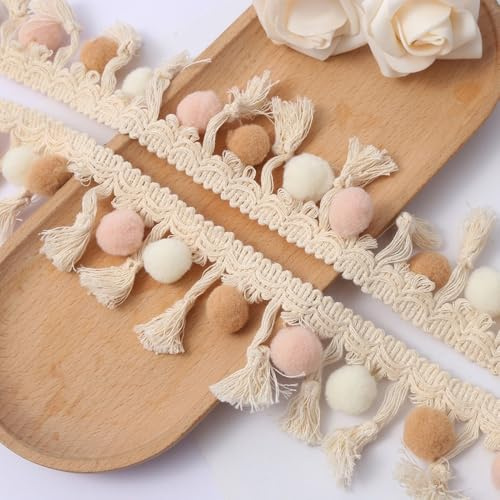 1 Yards Bunt Pomponborte zum Basteln,Dekoband Mit Pom Poms Bommelborte Dekoband Bommelband,Pomponband Fransenborte Fransenbordüre Fransenband Zierband Dekoborte Pompons Borte zum Nähen,Weiß Khaki Rosa