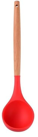 Mestolo da zuppa in silicone, con manico in legno, antiaderente, resistente al calore, utensile da cucina (rosso)