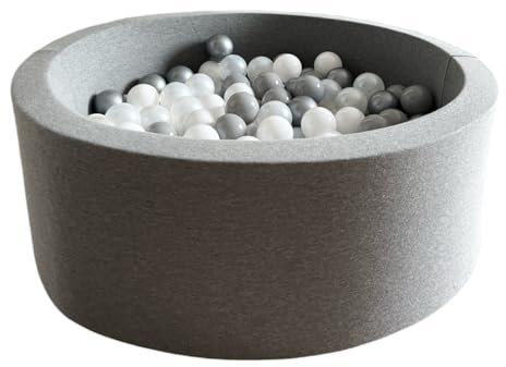 Monio for Kids Runder Trockener Bällebad für Babys & Kinder Bällepool mit 200 Bällen Grau 30x90 cm Baumwollstrickware Waschbarer Bezug Kinderzimmer