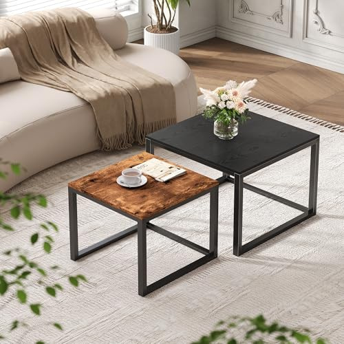 JUISSANO Nest of Tables Set of 2 Wooden Coffee Table,Stacking Side End Tables, Decorative Nesting Coffee Table Steel Metal Frame for Living Room,Black and Rustic Brown