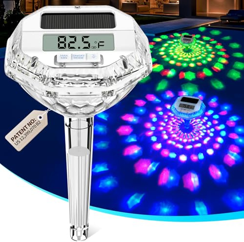 Pircaath 2025 Upgrade Digital Pool Thermometer Floating Easy Read, Solar Pool Thermometer with 7 Dynamic Light Show & Large LCD Screen, IP68 Waterproof Swimming Temperature Gauge for Hot tub, Spa