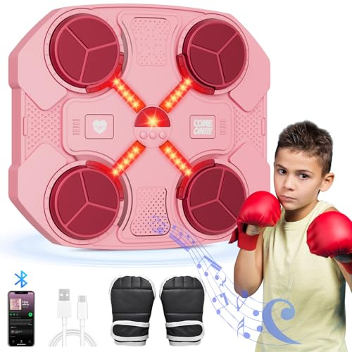 Macchina da Boxe Musicale, Music Boxing Machine Bluetooth Ricaricabile da Montare a Muro con 3 Livelli di velocità, Guanti, Luci Colorate, Cuscinetti da Boxe, Regalo per Ragazzi e Ragazze (Rosa)