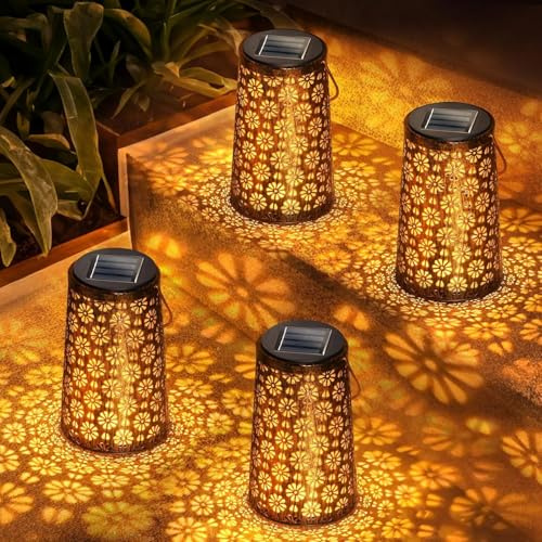 Solarlampen für Außen, 4 Stück Vintage LED Gartenleuchte mit Blumenmotiv, IP65 Wasserdicht & Automatische Beleuchtung Solarlaterne für Außen, Dekolaterne für Balkon Terrasse Camping Rasen Hinterhöfe