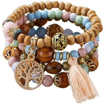 Stjärntimmar, 4 stycken boho-armband, damer, chakraarmband för kvinnor, smycken, boho-armband med träpärlor och tofsar, chakraarmband, livets träd-hänge, kärlek, uttalande armband, 18*1cm