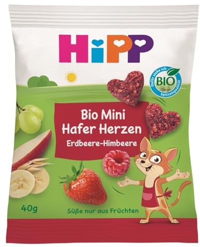 HiPP Bio Mini Hafer-Herzen Erdbeere-Himbeere (12 x 40g), ab 1 Jahr, Kindersnack in Herzform, mit hohem Getreide- und Ballaststoffanteil, Süße nur aus Früchten