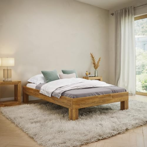 skølm Floki Massivholzbett Eiche 120x200 cm, Bettrahmen Holz, Natur geölt | hochwertiges Bettgestell, stabiler Bettrahmen, massives Holzbett, Bett geeignet als Doppelbett, Futonbett für Schlafzimmer
