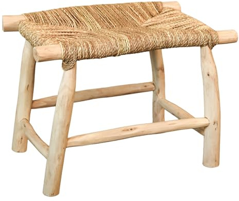 Home Maison - Banc Bois Naturel Japandi - Bois de Laurier et Fibres de Palmier Doum - Style Japandi - Usage Intérieur et Extérieur - 40 x 60 cm - Naturel