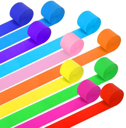 10 rollos de papel crepé, multicolor, arco iris, serpentinas, cinta crepé multicolor, para decoración de fiestas, cumpleaños, decoración de bodas (4,5 cm x 25 m)