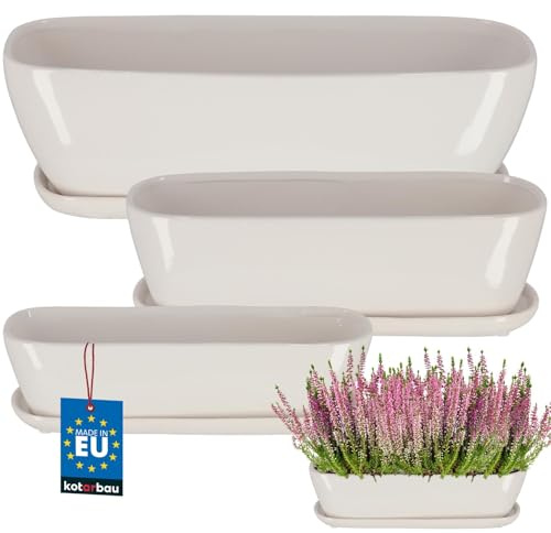 KOTARBAU® 3 STK. Keramik Blumenkasten mit Untersetzer 3 Größe Weiß Pflanzkübel Blumenkasten Pflanzentopf Übertopf Blumenkasten Balkon Pflanze Töpfe Blumenkübel Pflanztopf Kräutertopf Fensterbank