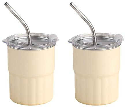 Montesy 2 Stück 304 Edelstahlbecher stapelbare Kaffeebecher Metall Trinkgläser mit Strohhalm und Deckel Trinkgeschirr für Camping