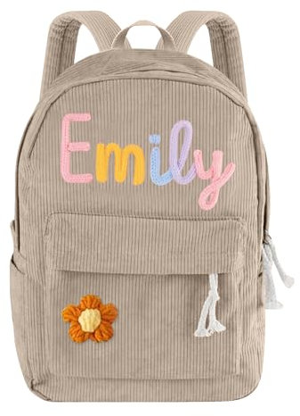 Personalisierte Rucksack Kinder mit Name für Mädchen Jungen Kleinkind, Individuell Bestickter Cord Kinderrucksack für Kindergarten Schule Kita Lässig (Khaki)
