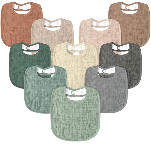 Susurration Muslin Baby Bibs 10Pack Soft Square Adjustable Baby Dribble Bandana Bibs with Adjustable Snaps for Unisex Baby Girls & Boys (Grey Green)