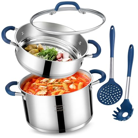 ARC 6QT Stainless Steel Stock Pot w/Steamer Basket, Multi-steamer Pot With Tempered Glass Lid for Cooking, Multipurpose Cookware with Silicone Handle for Veggies, Soup, Seafood, Induction-Ready